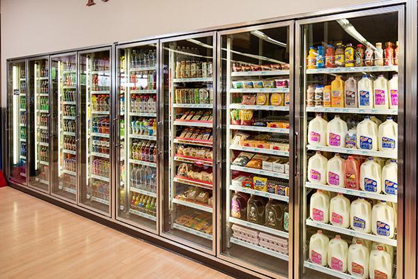 Large selection of grocery items from milk to bread and everyday staples.