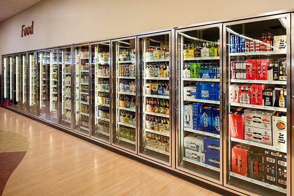 Large selection of beverage items including beer, wine, liquor, soda and juices.